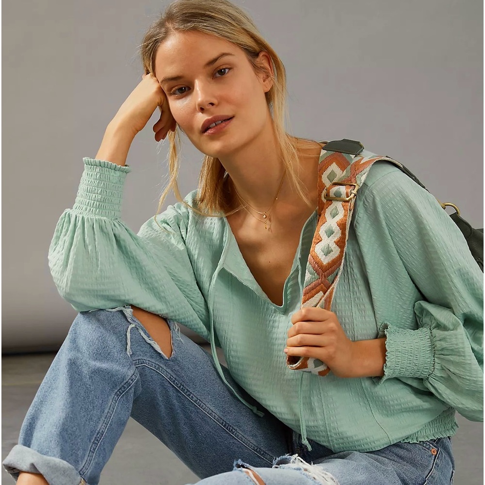 ANTHROPOLOGIE S M Rebecca Smocked Top in Mint • Oversized Peasant Blouse - Picture 12 of 13